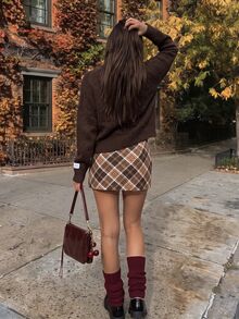 Comfortcana Women's Plaid Lined Skirt, Versatile For Autumn/Winter 2000s Style - Brown - View 2