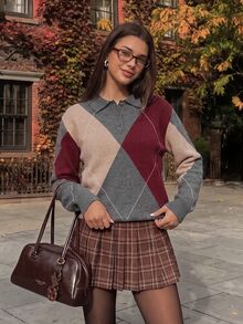 Comfortcana 女款彩色格紋長袖 Polo 領時尚毛衣，秋冬毛衣，2000 年代風格 2000，上班穿著，萬聖節，優雅 - 咖啡棕 - 查看 5