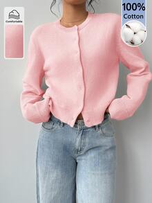 SHEIN BASICS Solid Button Front Cardigan - Baby Pink - View 4