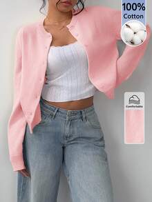 SHEIN BASICS Solid Button Front Cardigan - Baby Pink - View 5