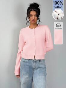 SHEIN BASICS Solid Button Front Cardigan - Baby Pink - View 3