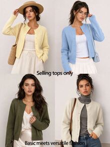 SHEIN BASICS 女款復古休閒純色單排扣長袖針織開襟衫 辦公日常上學商務 橄欖綠 秋冬 - 軍綠色 - 查看 7