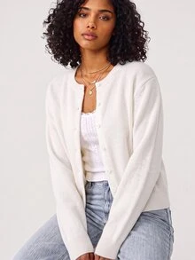 SHEIN BASICS Women's Minimalist Vintage Single-Breasted Long Sleeve Knit Cardigan - White - View 4