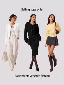 SHEIN BASICS Women's Minimalist Vintage Single-Breasted Long Sleeve Knit Cardigan - White - View 9