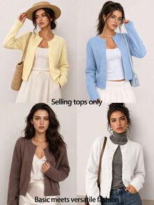 SHEIN BASICS Women's Minimalist Vintage Single-Breasted Long Sleeve Knit Cardigan - White - View 7