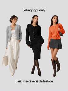 SHEIN BASICS 女款休閒純色圓領長袖寬鬆短版針織開襟外套，秋季辦公室校園商務外套，海軍藍 - 橘色 - 查看 10