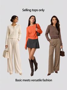 SHEIN BASICS 女款休閒純色圓領長袖寬鬆短版針織開襟外套，秋季辦公室校園商務外套，海軍藍 - 橘色 - 查看 7