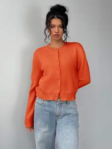 SHEIN BASICS 女款休閒純色圓領長袖寬鬆短版針織開襟外套，秋季辦公室校園商務外套，海軍藍 - 橘色 - 查看 4