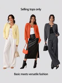 SHEIN BASICS 女款休閒純色圓領長袖寬鬆短版針織開襟外套，秋季辦公室校園商務外套，海軍藍 - 橘色 - 查看 9
