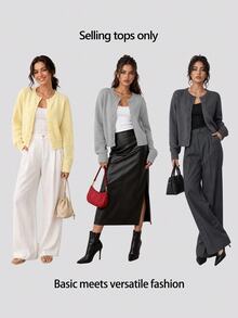 SHEIN BASICS 女款開學季單排扣長袖針織開襟衫 日常穿著 教師 小學 淺灰色 秋季休閒辦公 - 深灰色 - 查看 9