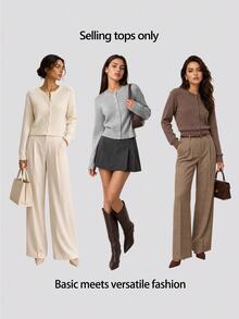 SHEIN BASICS 女款開學季單排扣長袖針織開襟衫 日常穿著 教師 小學 淺灰色 秋季休閒辦公 - 深灰色 - 查看 7
