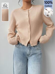 SHEIN BASICS Women's Minimalist Vintage Single-Breasted Long Sleeve Knit Cardigan - Khaki - View 4