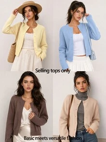 SHEIN BASICS Women's Minimalist Vintage Single-Breasted Long Sleeve Knit Cardigan - Khaki - View 9