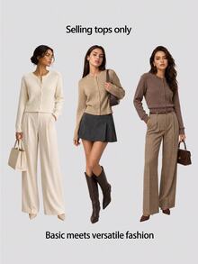 SHEIN BASICS Women's Ribbed Fashion Button Long Sleeve Knit Cardigan - Khaki - View 6