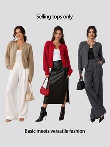 SHEIN BASICS Women's Ribbed Fashion Button Long Sleeve Knit Cardigan - Khaki - View 8