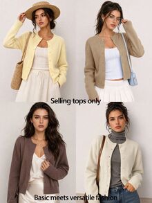 SHEIN BASICS Women's Ribbed Fashion Button Long Sleeve Knit Cardigan - Khaki - View 7