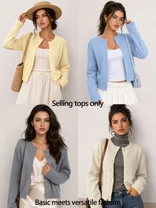 SHEIN BASICS Women's Autumn/Winter Casual Solid Color Cardigan Office Business Light Grey - Dark Grey - View 10