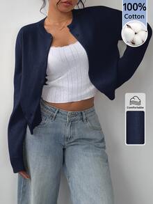SHEIN BASICS Women's Casual All-Match Versatile Solid Color Cardigan Teachers' Day Office Teacher School Navy Blue Autumn - Navy Blue - View 6