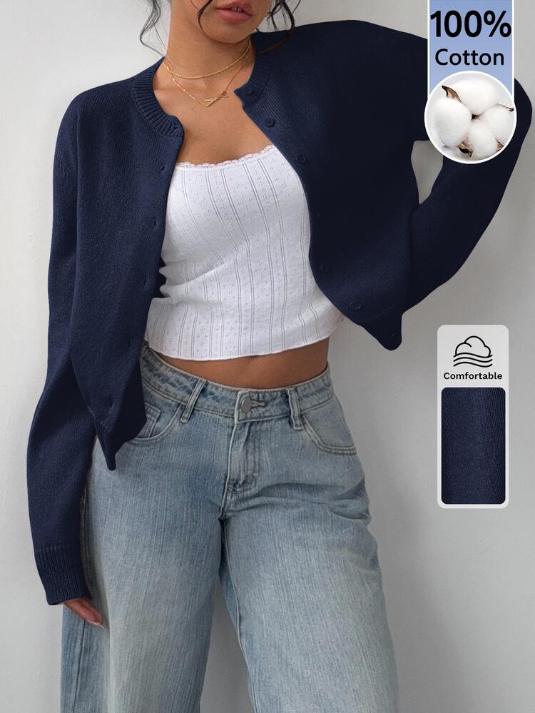SHEIN BASICS Women's Casual All-Match Versatile Solid Color Cardigan Teachers' Day Office Teacher School Navy Blue Autumn - Navy Blue - View 5