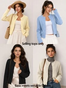 SHEIN BASICS Women's Solid Color Casual Versatile Daily Wear Long Sleeve Cardigan School Teacher Black Autumn Office Everyday School - Black - View 10