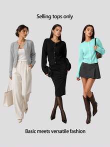 SHEIN BASICS 女款休閒純色圓領長袖寬鬆短版針織開襟外套，秋季外套，適合辦公室、學校、商務場合，海軍藍 - 薄荷綠 - 查看 10
