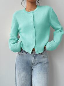 SHEIN BASICS 女款休閒純色圓領長袖寬鬆短版針織開襟外套，秋季外套，適合辦公室、學校、商務場合，海軍藍 - 薄荷綠 - 查看 2