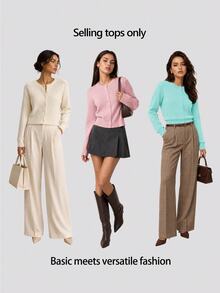 SHEIN BASICS 女款休閒純色圓領長袖寬鬆短版針織開襟外套，秋季外套，適合辦公室、學校、商務場合，海軍藍 - 薄荷綠 - 查看 7