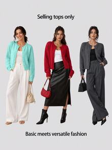 SHEIN BASICS 女款休閒純色圓領長袖寬鬆短版針織開襟外套，秋季外套，適合辦公室、學校、商務場合，海軍藍 - 薄荷綠 - 查看 9