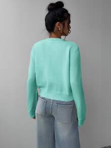 SHEIN BASICS 女款休閒純色圓領長袖寬鬆短版針織開襟外套，秋季外套，適合辦公室、學校、商務場合，海軍藍 - 薄荷綠 - 查看 6