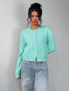 SHEIN BASICS 女款休閒純色圓領長袖寬鬆短版針織開襟外套，秋季外套，適合辦公室、學校、商務場合，海軍藍 - 薄荷綠 - 查看 4