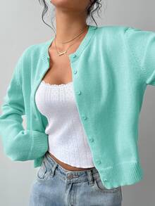 SHEIN BASICS 女款休閒純色圓領長袖寬鬆短版針織開襟外套，秋季外套，適合辦公室、學校、商務場合，海軍藍 - 薄荷綠 - 查看 1