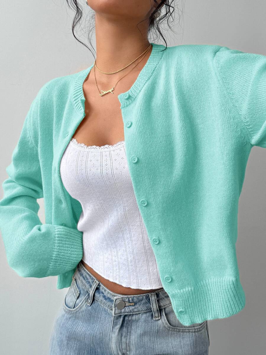 SHEIN BASICS 女款休閒純色圓領長袖寬鬆短版針織開襟外套,秋季外套,適合辦公室、學校、商務場合,海軍藍 - 薄荷綠 - 查看 1