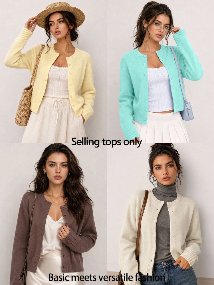 SHEIN BASICS Casual Solid Color Round Neck Long Sleeve Loose Cropped Women Sweater Cardigan Women Autumn Coat Office School School Business Navy Blue - Mint Green - View 8