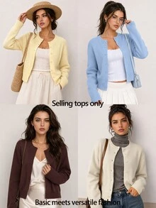 SHEIN BASICS Women's Autumn/Winter Casual French Solid Color Cardigan Teachers' Day Office Teacher Coffee Brown - Coffee Brown - View 10