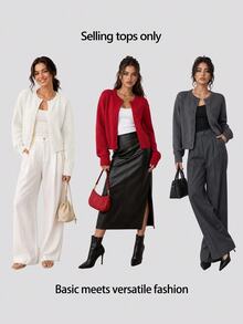 SHEIN BASICS 女款純色單排扣休閒百搭長袖開襟衫 米白色 秋季 日常外出 商務辦公 早午餐 教師節 - 杏色 - 查看 11