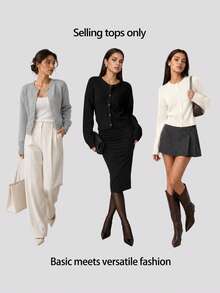 SHEIN BASICS 女款純色單排扣休閒百搭長袖開襟衫 米白色 秋季 日常外出 商務辦公 早午餐 教師節 - 杏色 - 查看 12