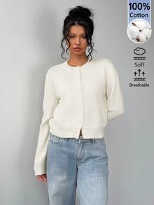 SHEIN BASICS 女款純色單排扣休閒百搭長袖開襟衫 米白色 秋季 日常外出 商務辦公 早午餐 教師節 - 杏色 - 查看 4