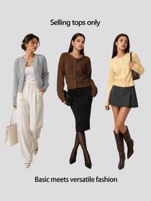 SHEIN BASICS Women's Solid Color Long Sleeve Single-Breasted Knit Cardigan Brunch School Coffee Brown Autumn Casual Teachers' Day Business Office - Coffee Brown - View 10