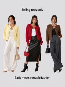SHEIN BASICS Women's Solid Color Long Sleeve Single-Breasted Knit Cardigan Brunch School Coffee Brown Autumn Casual Teachers' Day Business Office - Coffee Brown - View 9