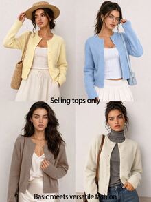 SHEIN BASICS 女款休閒純色圓領長袖寬鬆短版針織開襟外套，秋季外套，適合辦公室、學校、商務場合，海軍藍 - 駝色 - 查看 8