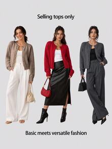 SHEIN BASICS 女款休閒純色圓領長袖寬鬆短版針織開襟外套，秋季外套，適合辦公室、學校、商務場合，海軍藍 - 駝色 - 查看 9
