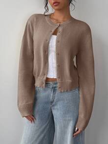 SHEIN BASICS 女款休閒純色圓領長袖寬鬆短版針織開襟外套，秋季外套，適合辦公室、學校、商務場合，海軍藍 - 駝色 - 查看 3