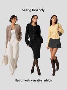 SHEIN BASICS 女款休閒純色圓領長袖寬鬆短版針織開襟外套，秋季外套，適合辦公室、學校、商務場合，海軍藍 - 駝色 - 查看 10