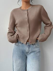 SHEIN BASICS 女款休閒純色圓領長袖寬鬆短版針織開襟外套，秋季外套，適合辦公室、學校、商務場合，海軍藍 - 駝色 - 查看 2