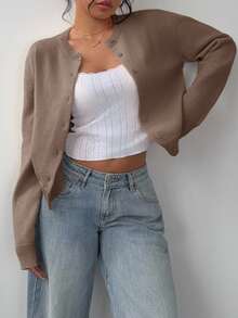 SHEIN BASICS 女款休閒純色圓領長袖寬鬆短版針織開襟外套，秋季外套，適合辦公室、學校、商務場合，海軍藍 - 駝色 - 查看 5