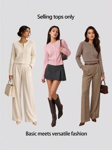 SHEIN BASICS 女款休閒純色圓領長袖寬鬆短版針織開襟外套，秋季外套，適合辦公室、學校、商務場合，海軍藍 - 駝色 - 查看 7