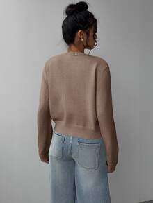 SHEIN BASICS 女款休閒純色圓領長袖寬鬆短版針織開襟外套，秋季外套，適合辦公室、學校、商務場合，海軍藍 - 駝色 - 查看 6