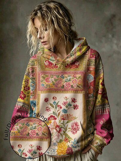 Linhara CURVE Casual Retro Patchwork Plaid & Floral Print Hooded Sweatshirt, Plus Size Women's Casual Autumn/Winter Long Sleeve Sportswear, Suitable For Daily Wear In Autumn/Winter