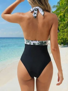 SHEIN Swim 熱帶圖案吊脖連體泳衣 - 彩色 - 查看 2