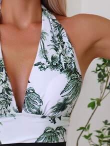 SHEIN Swim 熱帶圖案吊脖連體泳衣 - 彩色 - 查看 3